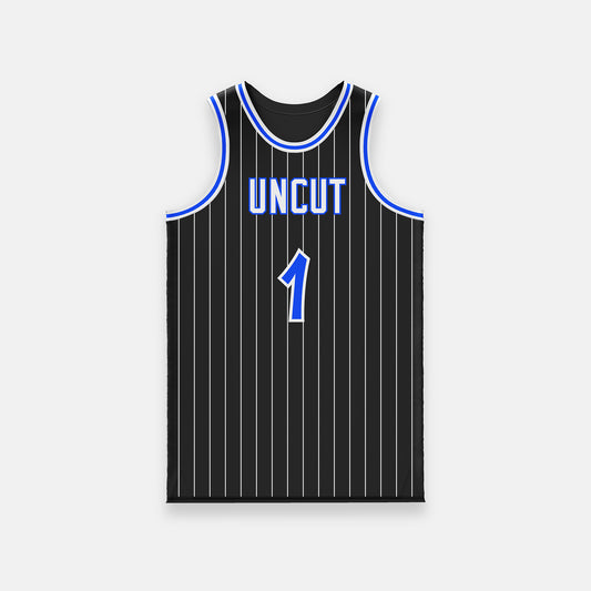Custom Black Pinstriped With Blue Accents Basketball Jersey