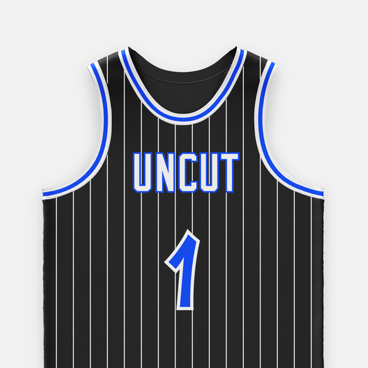 Custom Black Pinstriped With Blue Accents Basketball Jersey
