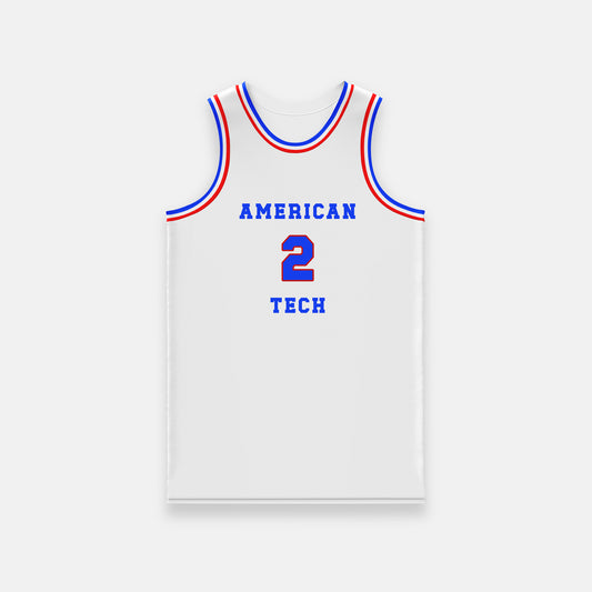 Custom White, Blue & Red White Basketball Jersey